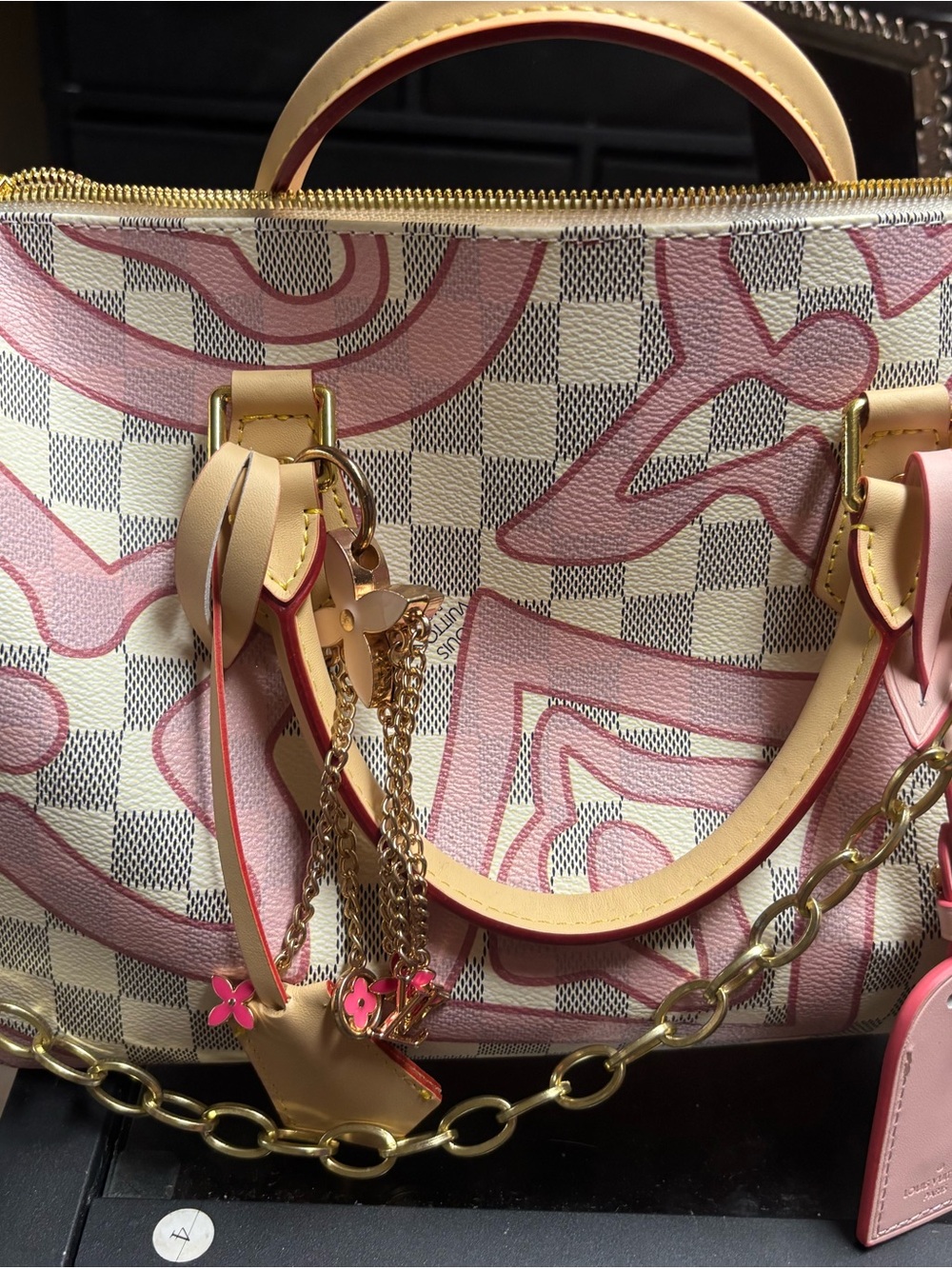 Pink and Cream Checkered Tote with Gold Accents